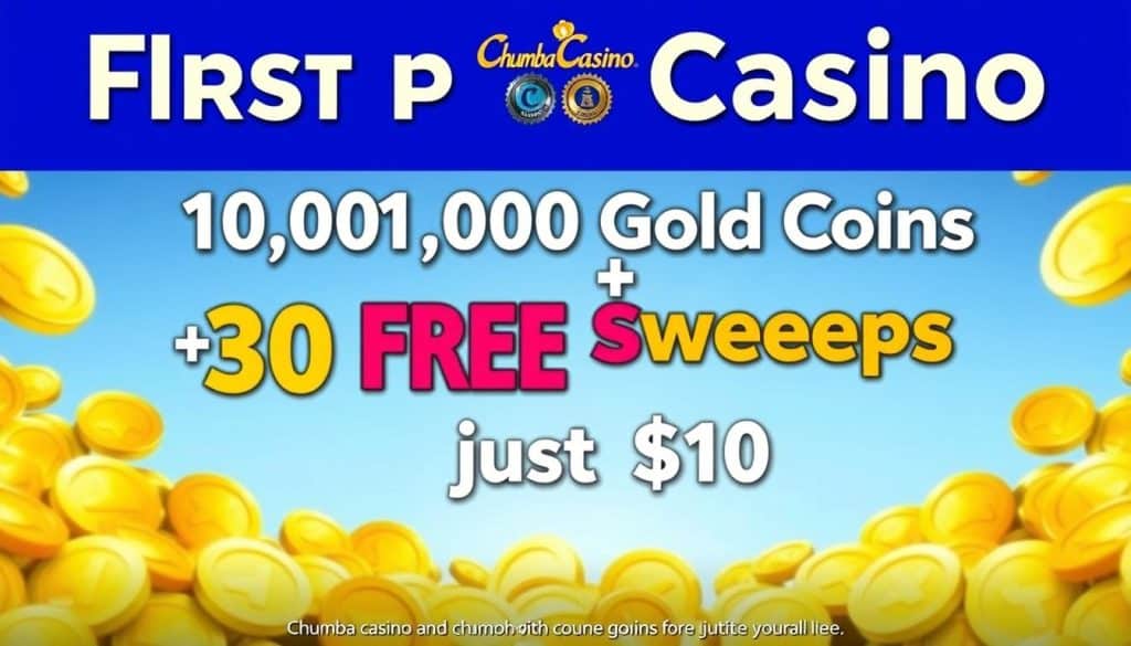 Chumba Casino first purchase bonus showing 10 million Gold Coins and 30 Sweeps Coins for $10