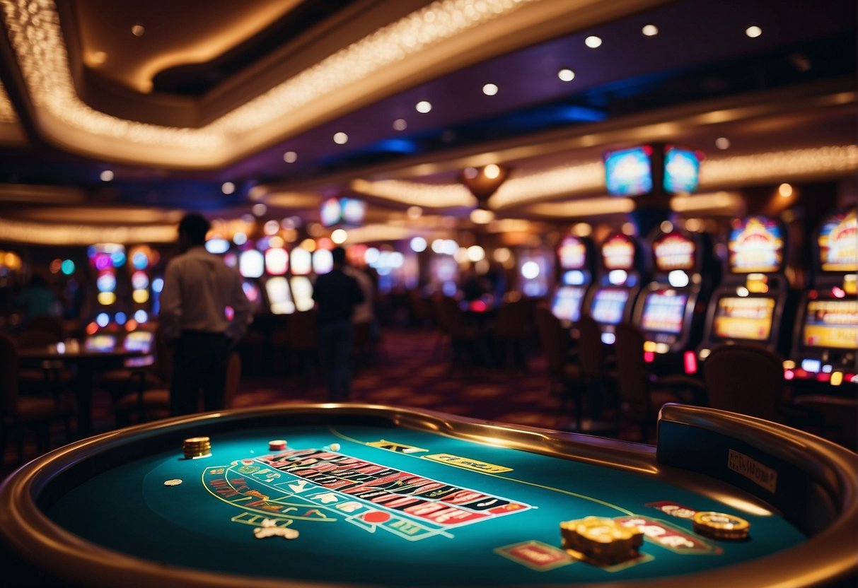 A vibrant casino floor with flashing lights, slot machines, and card tables. People are gathered around, enjoying the lively atmosphere