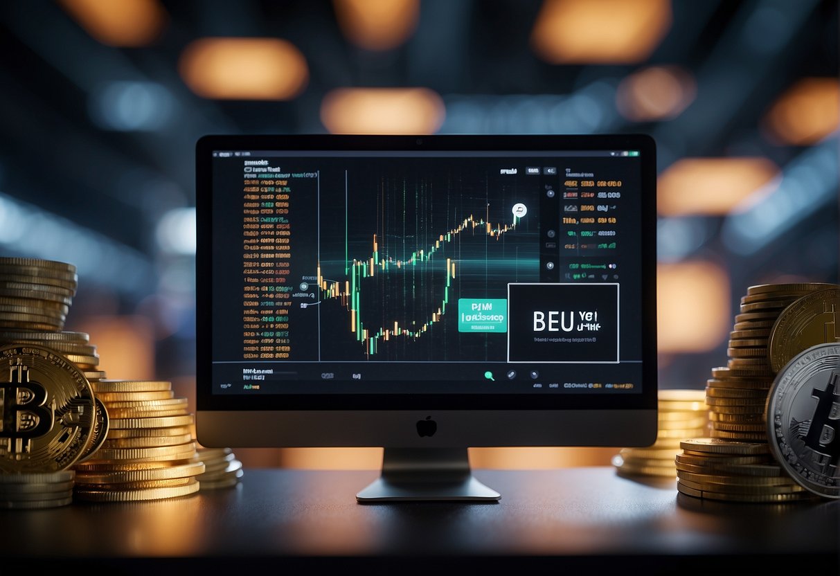 A computer screen displaying various cryptocurrency tokens with a "buy" button highlighted