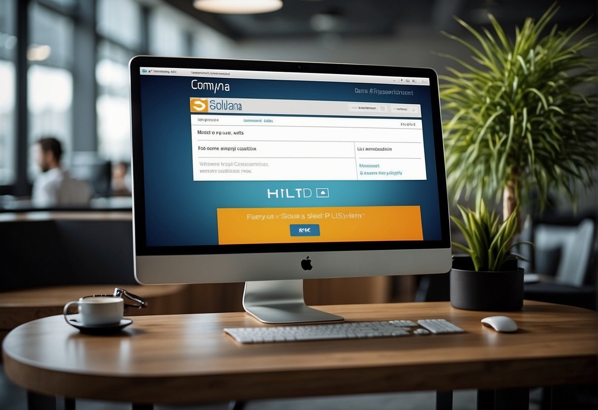 A computer screen displaying the Solana Dataplus login page with the logo and input fields, surrounded by office equipment