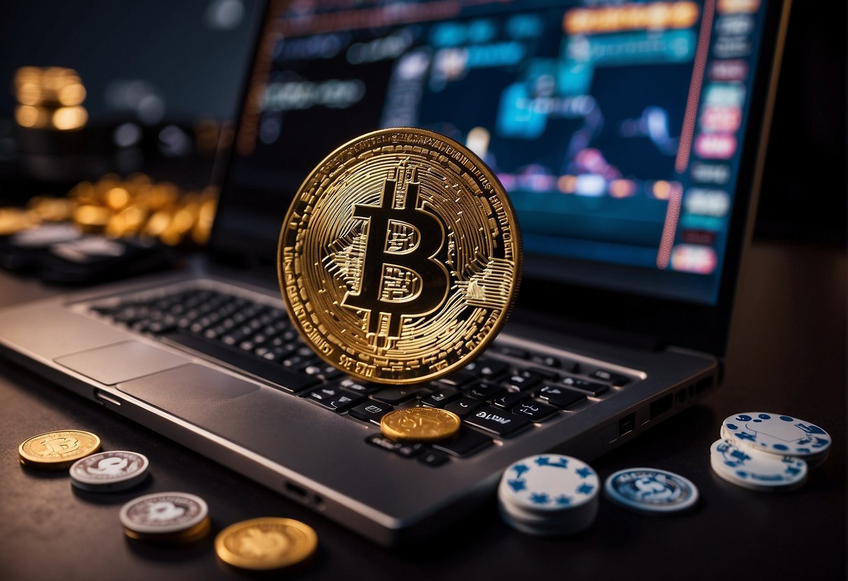 A computer with a Bitcoin logo on the screen, surrounded by casino chips and playing cards