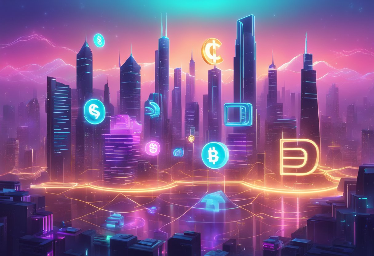 A futuristic city skyline with digital currency symbols floating above, surrounded by high-tech buildings and glowing neon signs