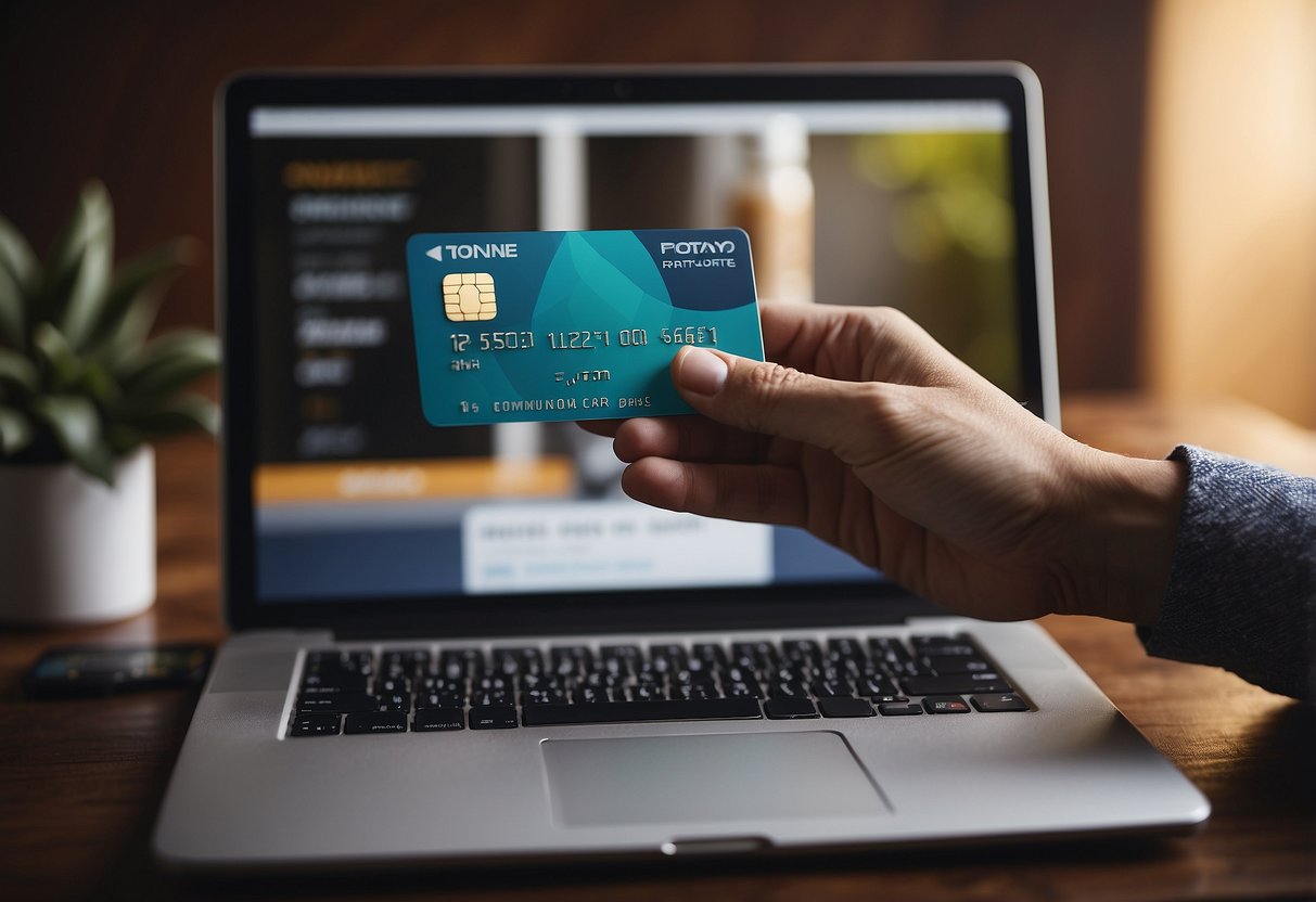 A computer screen displaying the TON token presale website with a "Participate" button highlighted. A hand holding a credit card ready to make a purchase