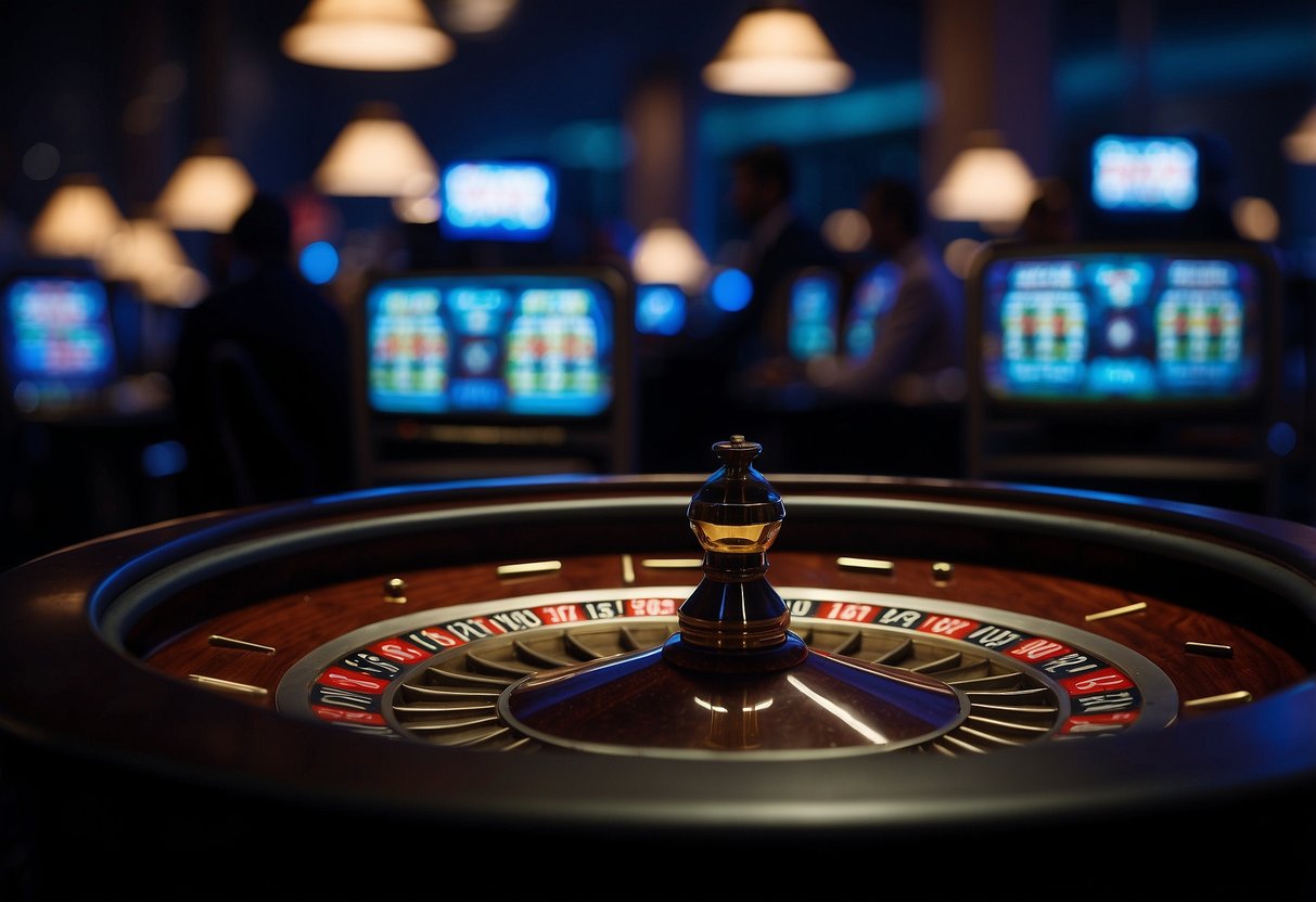 A dimly lit room with a roulette table, poker chips, and a computer screen showing a virtual casino. A shadowy figure oversees the operation